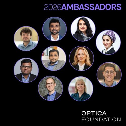 Kvadrātveida kolāža ar vienpadsmit cilvēku portretiem apaļos rāmīšos, izkārtoti trīs rindās, ar virsrakstu ‘2026 Ambassadors’. Apakšā redzams organizācijas ‘Optica Foundation’ logotips