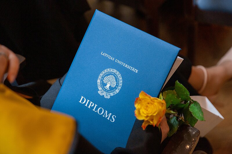 Latvijas Universitātes zilas krāsas diploma mape, kas turēta klēpī, līdzās dzeltenai rozes ziedam.