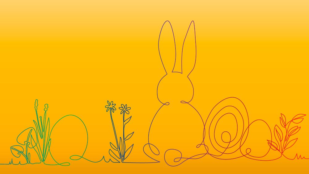 Uz dzeltena fona attēlots vienas līnijas zīmējums ar Lieldienu un pavasara motīviem: zāli, ziediem, olu un centrā sēdošu zaķi, kas skatās uz priekšu