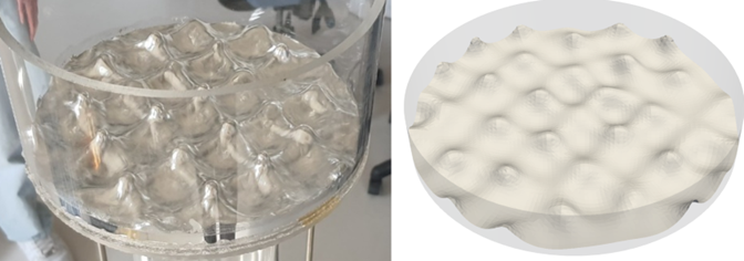 Divu attēlu salīdzinājums: kreisajā pusē caurspīdīgā traukā redzama šķidra metāla virsma ar viļņveida ieliekumiem eksperimentā, labajā pusē — datorgrafikā attēlots līdzīgs viļņotas virsmas modelis no augšas.