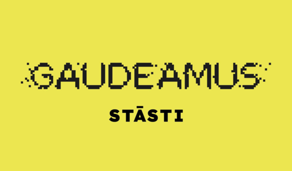 Dzeltens fons ar melnu uzrakstu “GAUDEAMUS STĀSTI”.