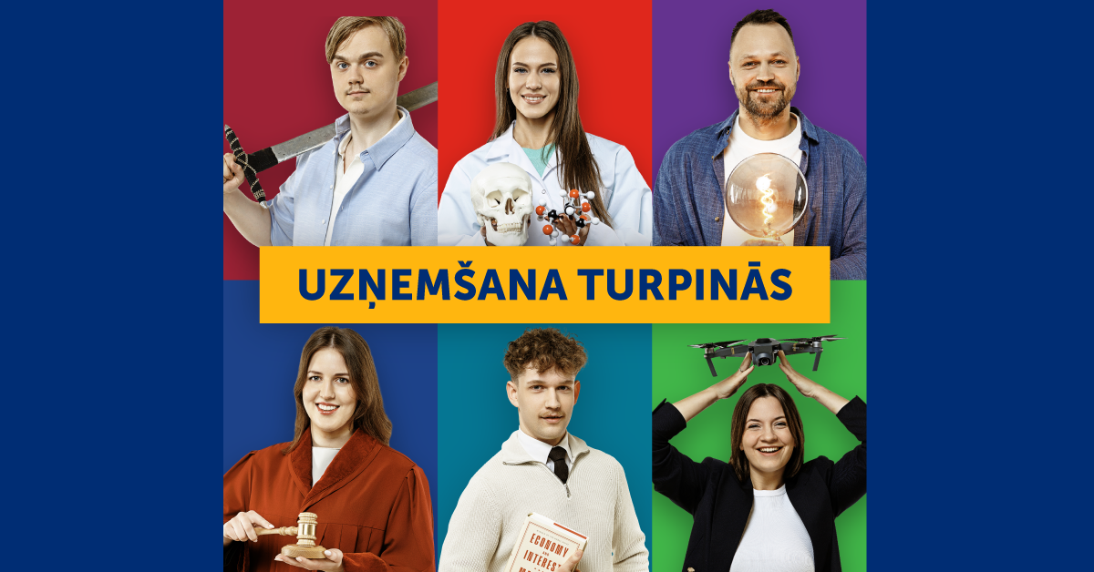 Kolāža ar sešiem studētgribētājiem un dažādu jomu simboliem.