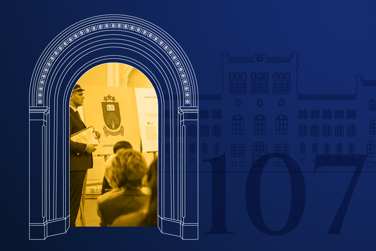 stilizēta grafika ar universitātes galvenās ēkas kontūrām un skaitli “107”.