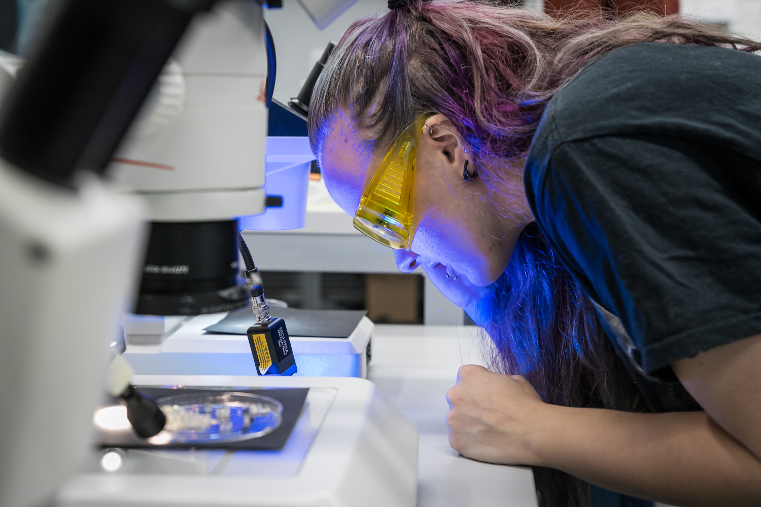 Apmeklētājs aizsargbrillēs pēta paraugu ar laboratorijas aprīkojumu zinātniskā demonstrējumā.