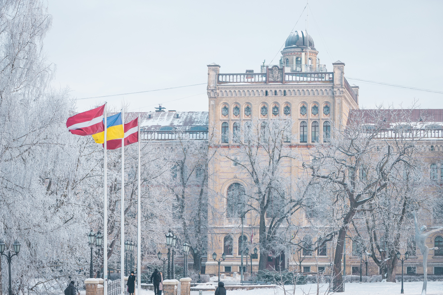 Latvijas Universitātes ēka Raiņa bulvārī 19 ziemā. Apkārt ļoti skaisti apsniguši koki. 