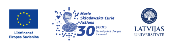 Eiropas Savienības, programmas “Marie Skłodowska-Curie Actions” 30 gadu jubilejas un Latvijas Universitātes logotipi.